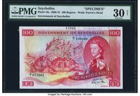 Seychelles Government of Seychelles 100 Rupees 1.6.1975 Pick 18s Specimen PMG Very Fine 30 Net. A pretty Specimen, created for the final date of this ...