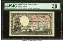 South Africa South African Reserve Bank 1 Pound 1.9.1928 Pick 83 PMG Very Fine 30. A very scarce type, prefix A/18 only, which features text in Englis...