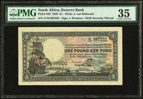 South Africa South African Reserve Bank 1 Pound 19.9.1938 Pick 84d PMG Choice Very Fine 35. A rare experimental example, prefixed A/78, where a metal ...
