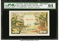 South Vietnam National Bank of Viet Nam 20 Dong ND (1956) Pick 4s Specimen PMG Choice Uncirculated 64. A scarce Specimen, and very pretty in all forma...