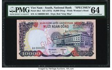 South Vietnam National Bank of Viet Nam 10,000 Dong ND (1975) Pick 36s1 Specimen PMG Choice Uncirculated 64. A spectacularly designed unissued Specime...