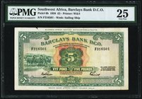 Southwest Africa Barclays Bank D.C.O. 5 Pounds 29.11.1958 Pick 6b PMG Very Fine 25. A scarce high denomination for Barclays Bank from South West Afric...
