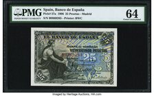 Spain Banco de Espana, Madrid 25 Pesetas 24.9.1906 Pick 57a PMG Choice Uncirculated 64. An unusually choice example of this initial denomination for t...