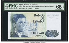 Spain Banco de Espana 10,000 Pesetas 24.9.1985 (ND 1987) Pick 161 PMG Gem Uncirculated 65 EPQ. The current and former monarchs are featured on this hi...