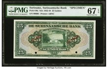 Suriname De Surinaamische Bank 25 Gulden ND (1942-48) Pick 90s Specimen PMG Superb Gem Unc 67 EPQ. A scarce design in any format, and desirable in suc...
