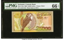 Suriname Centrale Bank van Surname 25,000 Gulden 1.1.2000 Pick 154a PMG Gem Uncirculated 66 EPQ. A pleasing grade appears on this high denomination no...