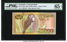 Suriname Centrale Bank van Surname 25,000 Gulden 2000 Pick 154a PMG Gem Uncirculated 65 EPQ. A pleasing top tier grade of this very popular high denom...