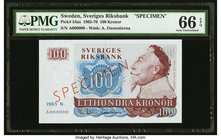Sweden Sveriges Riksbank 100 Kronor 1965 Pick 54s Specimen PMG Gem Uncirculated 66 EPQ. A high grade Specimen example bearing the first year of issue ...