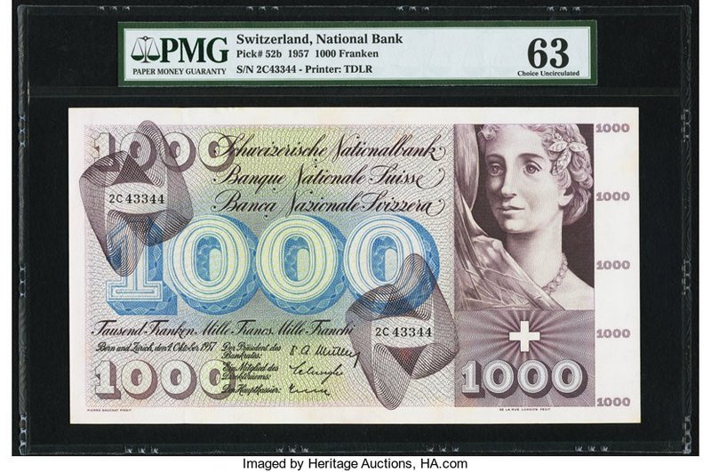 Switzerland National Bank 1000 Franken 4.10.1957 Pick 52b PMG Choice Uncirculate...