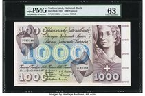 Switzerland National Bank 1000 Franken 4.10.1957 Pick 52b PMG Choice Uncirculated 63. Always desirable as a large format, highest denomination issue w...