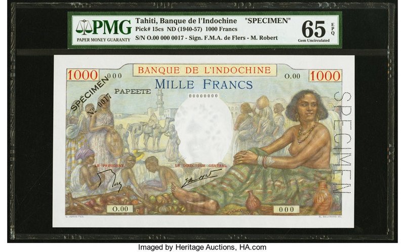 Tahiti Banque de l'Indochine 1000 Francs ND (1940-57) Pick 15cs Specimen PMG Gem...
