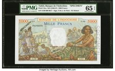 Tahiti Banque de l'Indochine 1000 Francs ND (1940-57) Pick 15cs Specimen PMG Gem Uncirculated 65 EPQ. A colorful market scene is present on the face o...