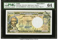 Tahiti Institut D'Emission D'Outre-Mer 5,000 Francs ND (1971) Pick 28as Specimen PMG Choice Uncirculated 64. A scarce Specimen example of this high de...