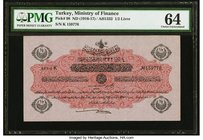 Turkey Ministry of Finance 1/2 Livre ND (1916-17) Pick 98 PMG Choice Uncirculated 64. A nice example of this uniface note with a red underprint and bl...