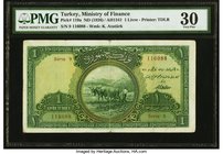 Turkey Ministry of Finance 1 Livre ND (1926) Pick 119a PMG Very Fine 30. An attractive early example issued by the Ministry of Finance. Parliament bui...
