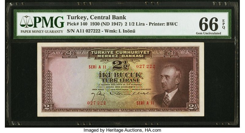 Turkey Central Bank of Turkey 2 1/2 Lira 1930 (ND 1947) Pick 140 PMG Gem Uncircu...