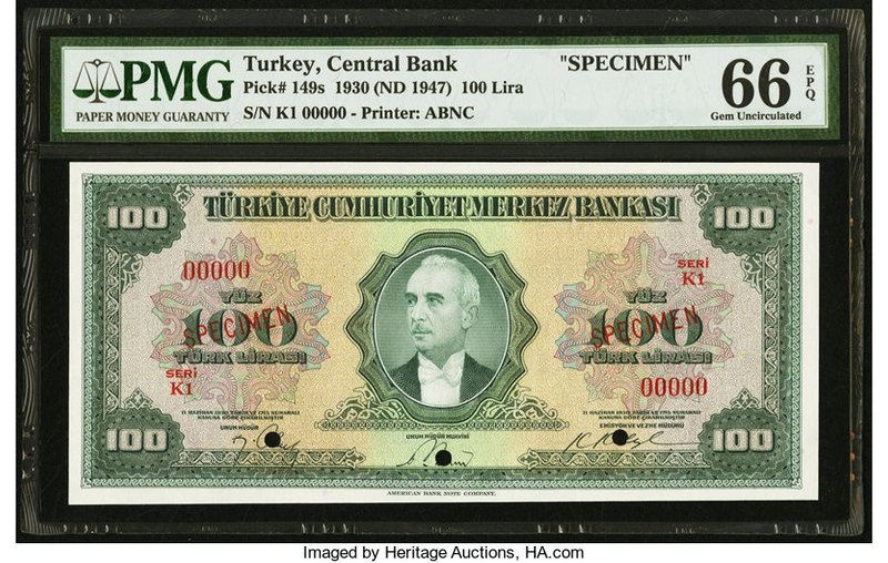 Turkey Central Bank of Turkey 100 Lira 1930 (ND 1947) Pick 149s Specimen PMG Gem...