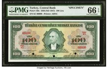 Turkey Central Bank of Turkey 100 Lira 1930 (ND 1947) Pick 149s Specimen PMG Gem Uncirculated 66 EPQ. A simply beautiful Specimen, and desirable in Ge...