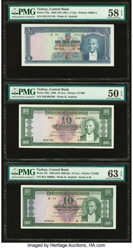Turkey Central Bank of Turkey 5; 10 (2) Lira ND (1960-65) Pick 159a; 161; 173a G...
