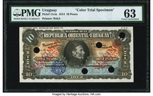 Uruguay Banco de la Republica Oriental del Uruguay 10 Pesos 1914 Pick 11cts Color Trial Specimen PMG Choice Uncirculated 63. A Color Trial Specimen, c...