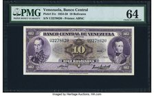Venezuela Banco Central De Venezuela 10 Bolivares 17.4.1958 Pick 31c PMG Choice Uncirculated 64. A problem free example featuring two portraits of nat...