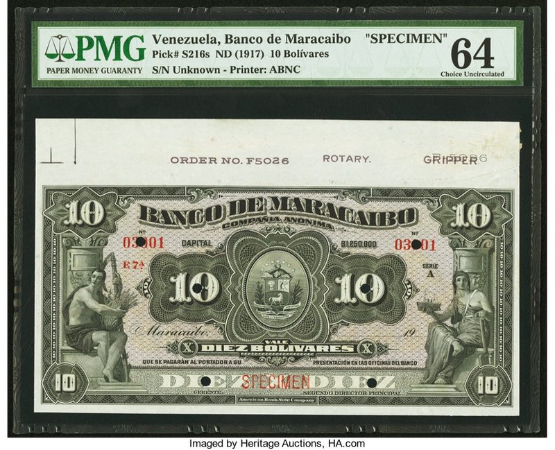 Venezuela Banco de Maracaibo 10 Bolivares ND (1917) Pick S216s Specimen PMG Choi...