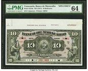 Venezuela Banco de Maracaibo 10 Bolivares ND (1917) Pick S216s Specimen PMG Choice Uncirculated 64. An interesting, larger format Specimen, printed wi...