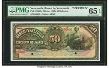 Venezuela Banco de Venezuela 50 Bolivares ND (1924) Pick S302s Specimen PMG Gem Uncirculated 65 EPQ. A lovely ABNC printed Specimen with woman on the ...