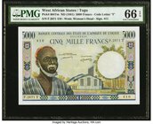 West African States Banque Centrale des Etats de L'Afrique de L'Ouest, Togo 5000 Francs ND (1961) Pick 804Tm PMG Gem Uncirculated 66 EPQ. A handsome h...