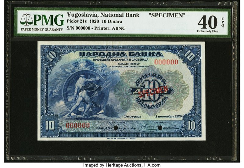 Yugoslavia National Bank 10 Dinara 1.11.920 Pick 21s Specimen PMG Extremely Fine...