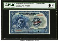 Yugoslavia National Bank 10 Dinara 1.11.920 Pick 21s Specimen PMG Extremely Fine 40 EPQ, 2 POCs. An ABNCo printed Specimen with the Wheel of Progress ...