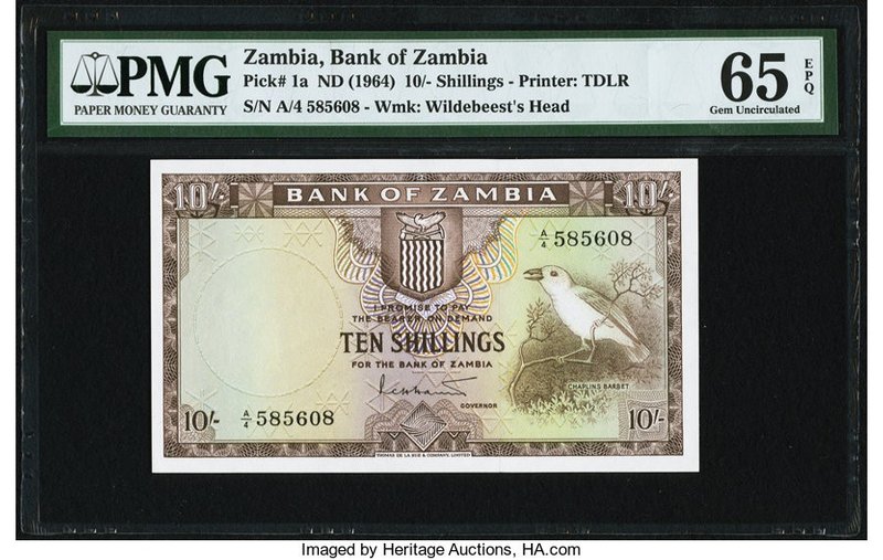 Zambia Bank of Zambia 10 Shillings ND (1964) Pick 1a PMG Gem Uncirculated 65 EPQ...