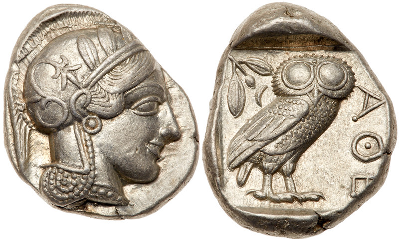 Attica, Athens. Silver Tetradrachm (17.18 g), ca. 454-404 BC. Helmeted head of A...