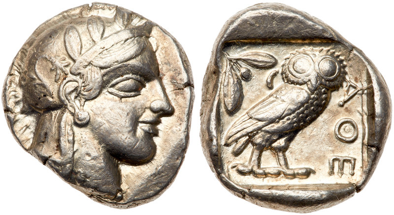 Attica, Athens. Silver Tetradrachm (17.19 g), ca. 454-404 BC. Helmeted head of A...