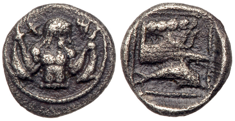Phoenicia, Arados. Silver Obol (0.66 g), ca. 400-380 BC. Half-length figure of a...
