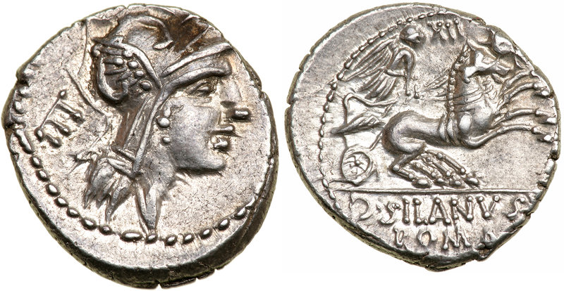 D. Silanus L.f. Silver Denarius (3.94 g), 90 BC. Rome. Helmeted head of Roma rig...
