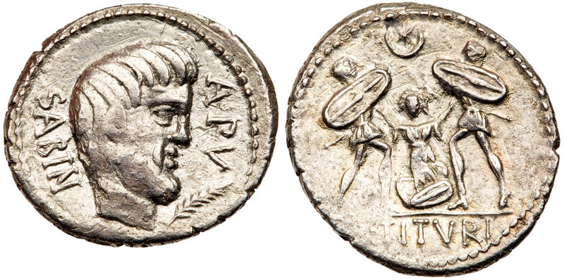 L. Titurius L.f. Sabinus. Silver Denarius (3.80 g), 89 BC. Rome. SABIN behind, b...