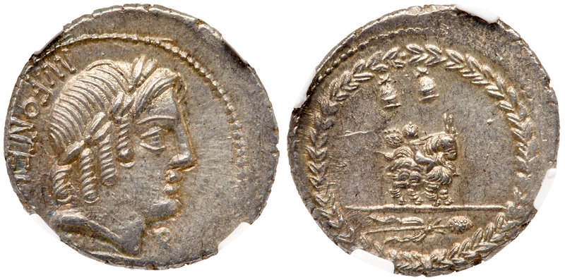 Mn. Fonteius C.f. Silver Denarius (3.80 g), 85 BC. Rome. (MN) FO(NT)EI behind, l...