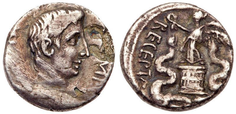 Octavian. Silver Quinarius (1.61 g), 29-28 BC. Brundisium or Rome. [CAESAR] IM[P...