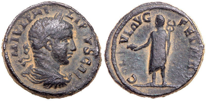 Phillip II, AE 21 (8.89 g) as Caesar. AD 247-249. Heliopolis in Coele-Syria. M I...