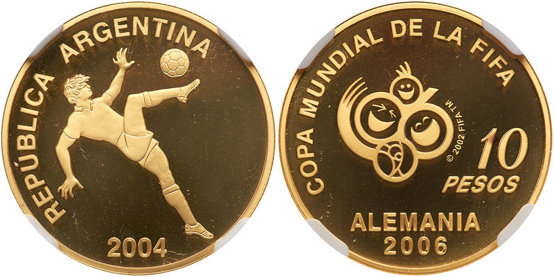 Argentina. 10 Pesos, 2004. Fr-26; KM-147. Weight 0.2168 ounce. FIFA World Cup Ch...