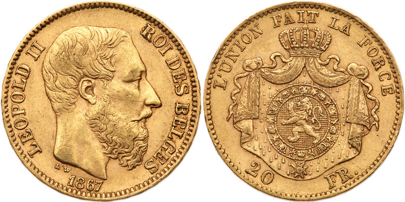 Belgium. 20 Francs, 1867. Fr-412; KM-37. Weight 0.1867 ounce. Leopold II. Very F...