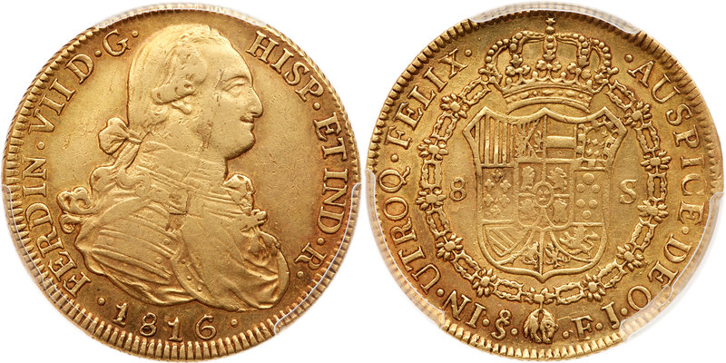 Chile. 8 Escudos, 1816-So FJ. Fr-29; KM-78. Ferdinand VII. Bust of Charles IV ri...