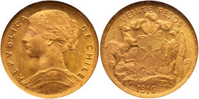 Chile. 20 Pesos, 1916. NGC MS62