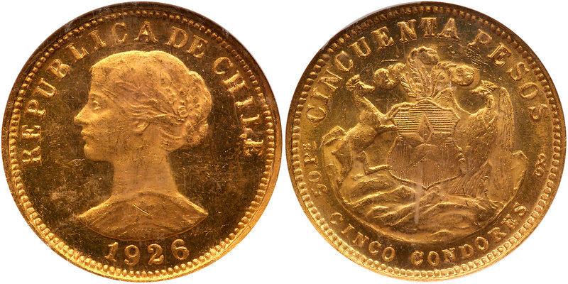 Chile. 50 Pesos, 1926-So. Fr-55; KM-169. Weight 0.2943 ounce. Liberty head left....