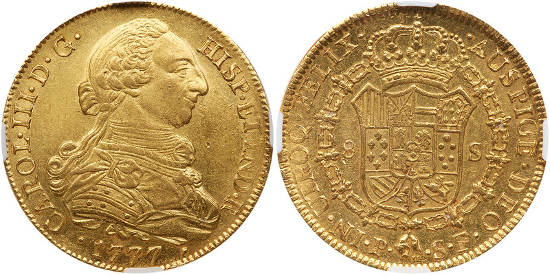 Colombia. 8 Escudos, 1777-P SF (Popayan). Fr-36; KM-50.2. Charles III, 1759-1788...