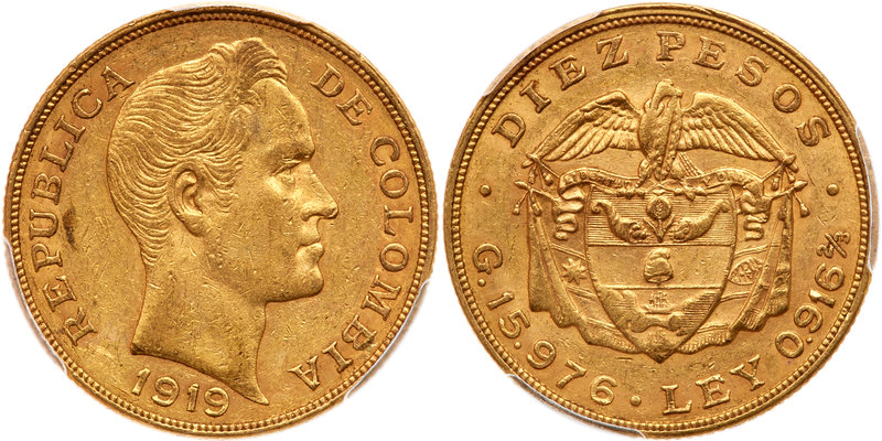 Colombia. 10 Pesos, 1919. KM-202. Weight 0.471 ounce. Head of Simon Bolivar righ...
