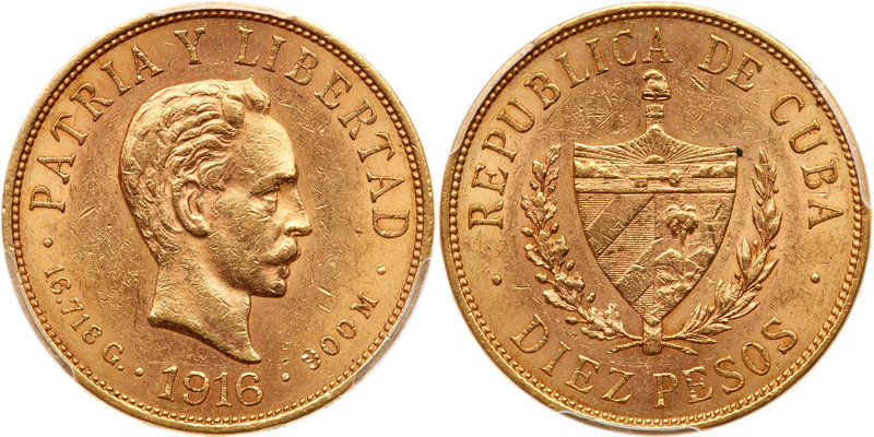 Cuba. 10 Pesos, 1916. Fr-3; KM-20. Weight 0.4837 ounce. Head of Marti. PCGS grad...