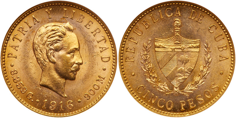 Cuba. 5 Pesos, 1916. Fr-4; KM-19. Weight 0.2419 ounce. Head of Marti. Reverse; A...