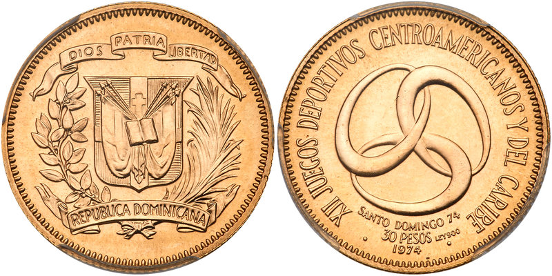 Dominican Republic. 30 Pesos, 1974. Fr-2; KM-36. Weight 0.3385 ounce. For the 12...